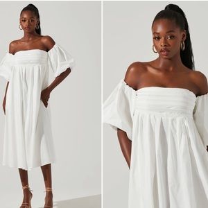 Carlin Off Shoulder Puff Sleeve Midi Dress - White / L: worn once